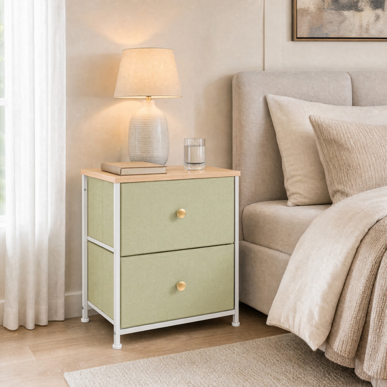 Telyra Fabric Nightstand with 2 Drawers 20" Bedside Table with Wood Top and Steel Frame Small Storage Organizer, Light Green