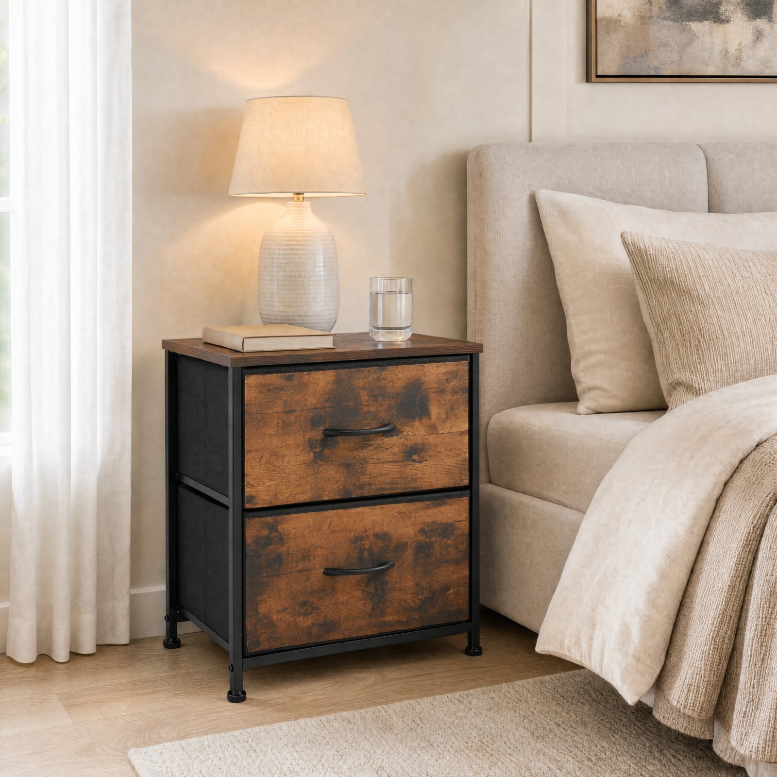Telyra Fabric Nightstand with 2 Drawers 20" Bedside Table with Wood Top and Steel Frame Small Storage Organizer, Rust