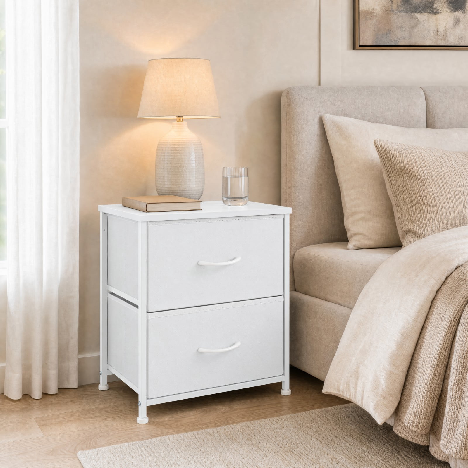 Telyra Fabric Nightstand with 2 Drawers 20" Bedside Table with Wood Top and Steel Frame Small Storage Organizer, White