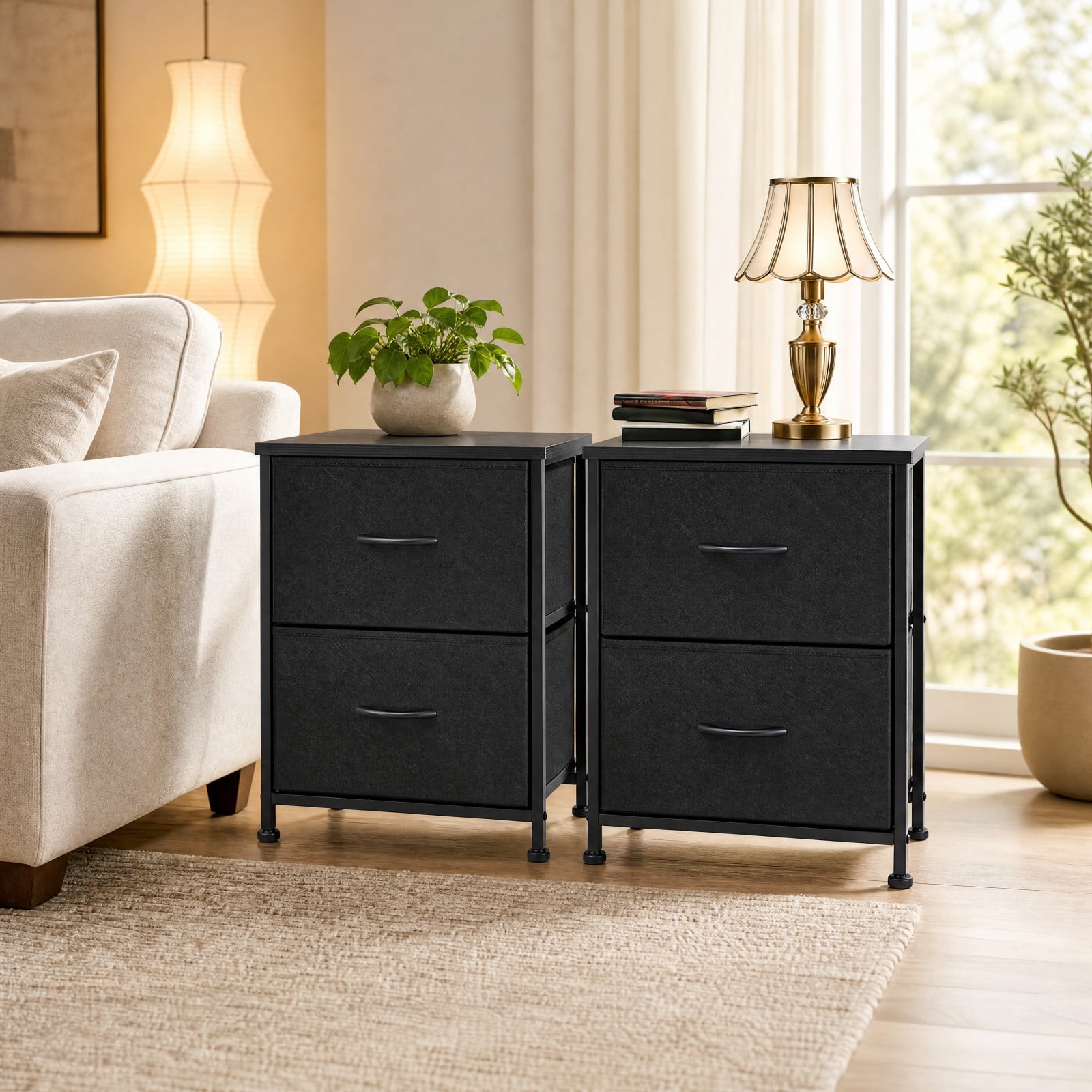 Telyra Nightstands Set of 2 20" Fabric Bedside Tables with 2-Drawer Wood Tops and Steel Frames Small Storage Organizers, Black