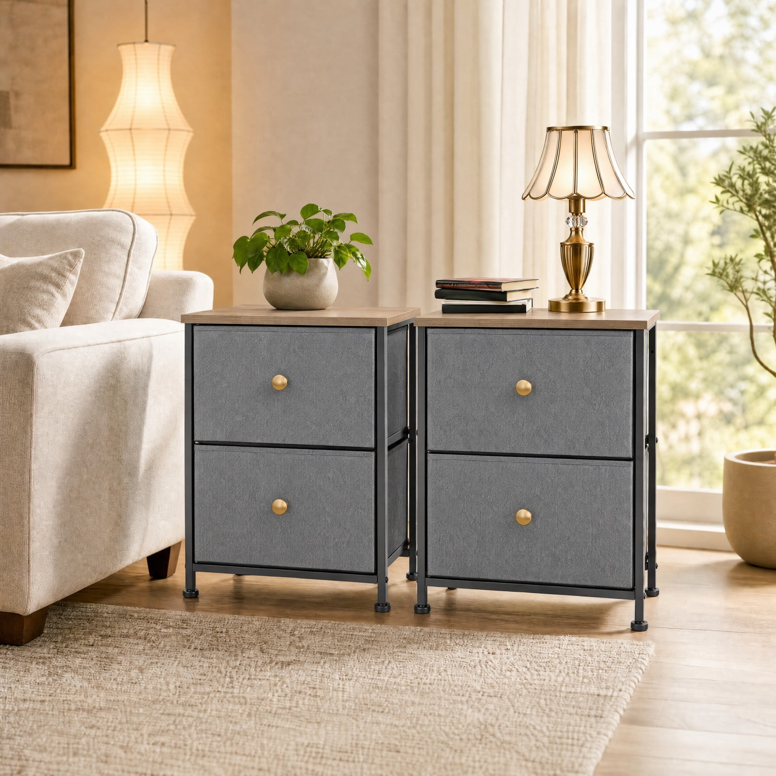 Telyra Nightstands Set of 2 20" Fabric Bedside Tables with 2-Drawer Wood Tops and Steel Frames Small Storage Organizers, Blue Gray