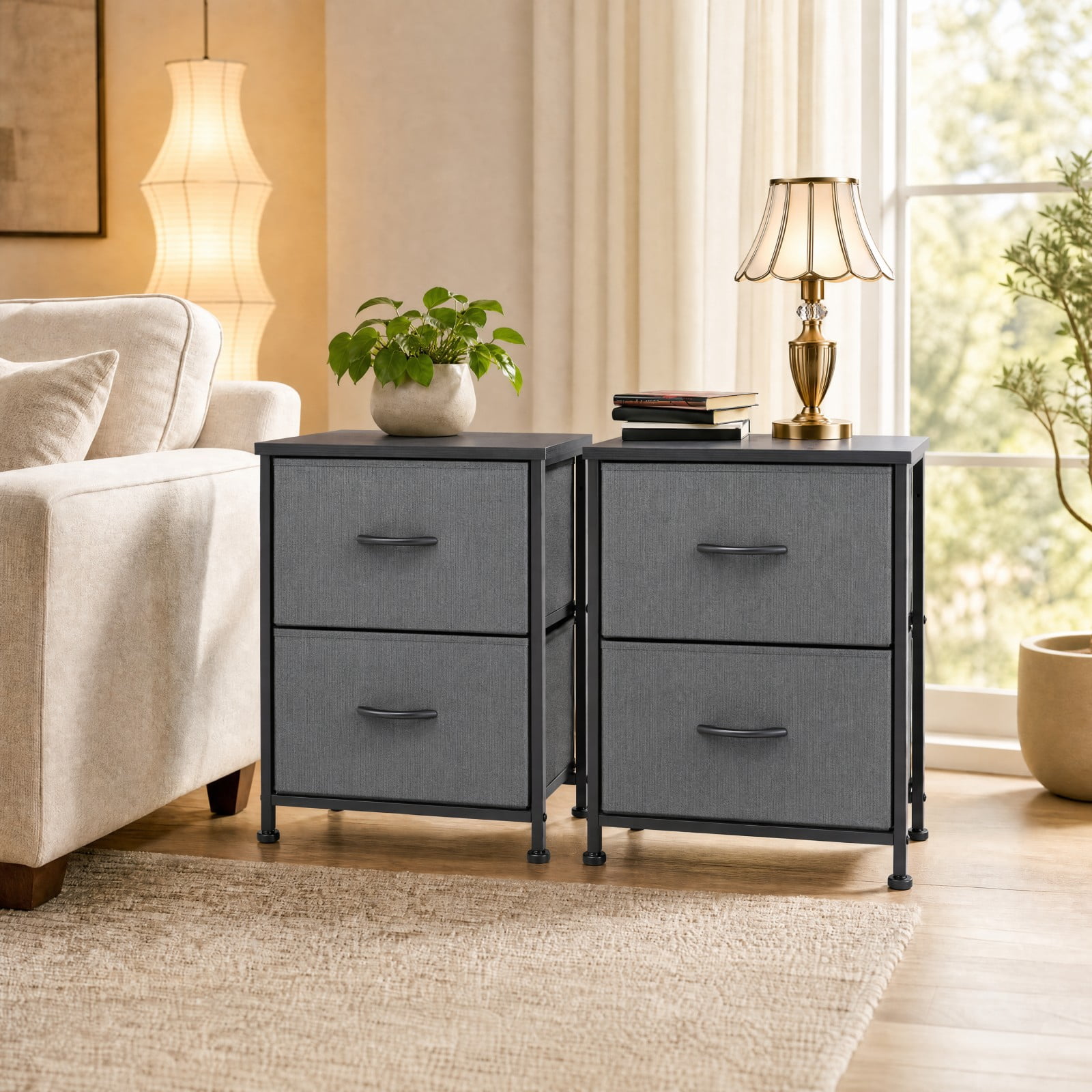 Telyra Nightstands Set of 2 20" Fabric Bedside Tables with 2-Drawer Wood Tops and Steel Frames Small Storage Organizers, Gray