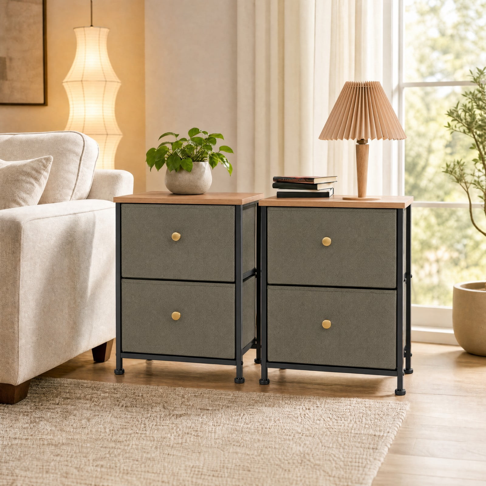 Telyra Nightstands Set of 2 20" Fabric Bedside Tables with 2-Drawer Wood Tops and Steel Frames Small Storage Organizers, Ink Green