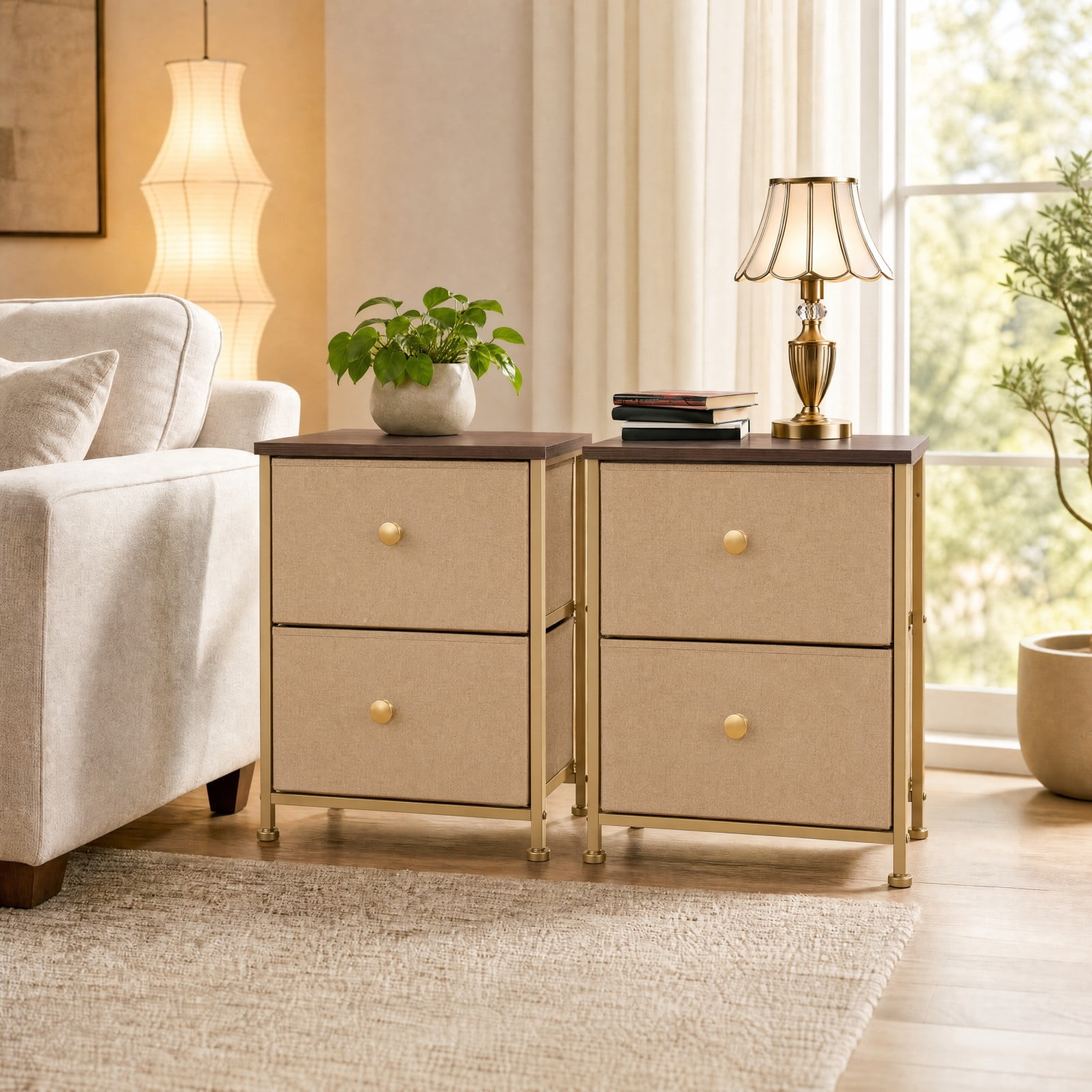 Telyra Nightstands Set of 2 20" Fabric Bedside Tables with 2-Drawer Wood Tops and Steel Frames Small Storage Organizers, Khaki