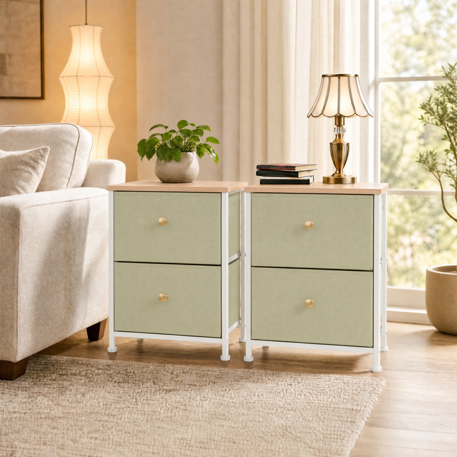 Telyra Nightstands Set of 2 20" Fabric Bedside Tables with 2-Drawer Wood Tops and Steel Frames Small Storage Organizers, Light Green