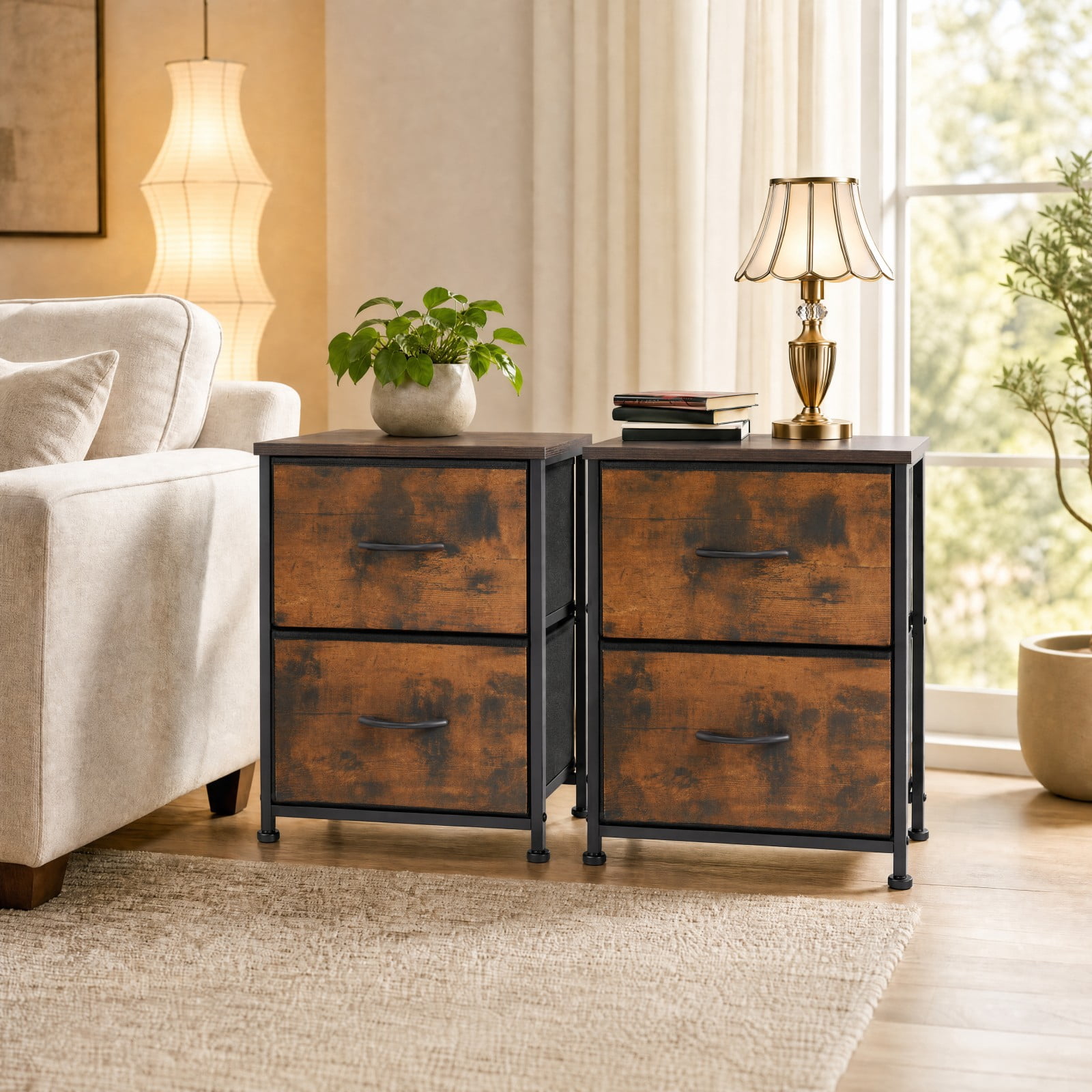 Telyra Nightstands Set of 2 20" Fabric Bedside Tables with 2-Drawer Wood Tops and Steel Frames Small Storage Organizers, Rust