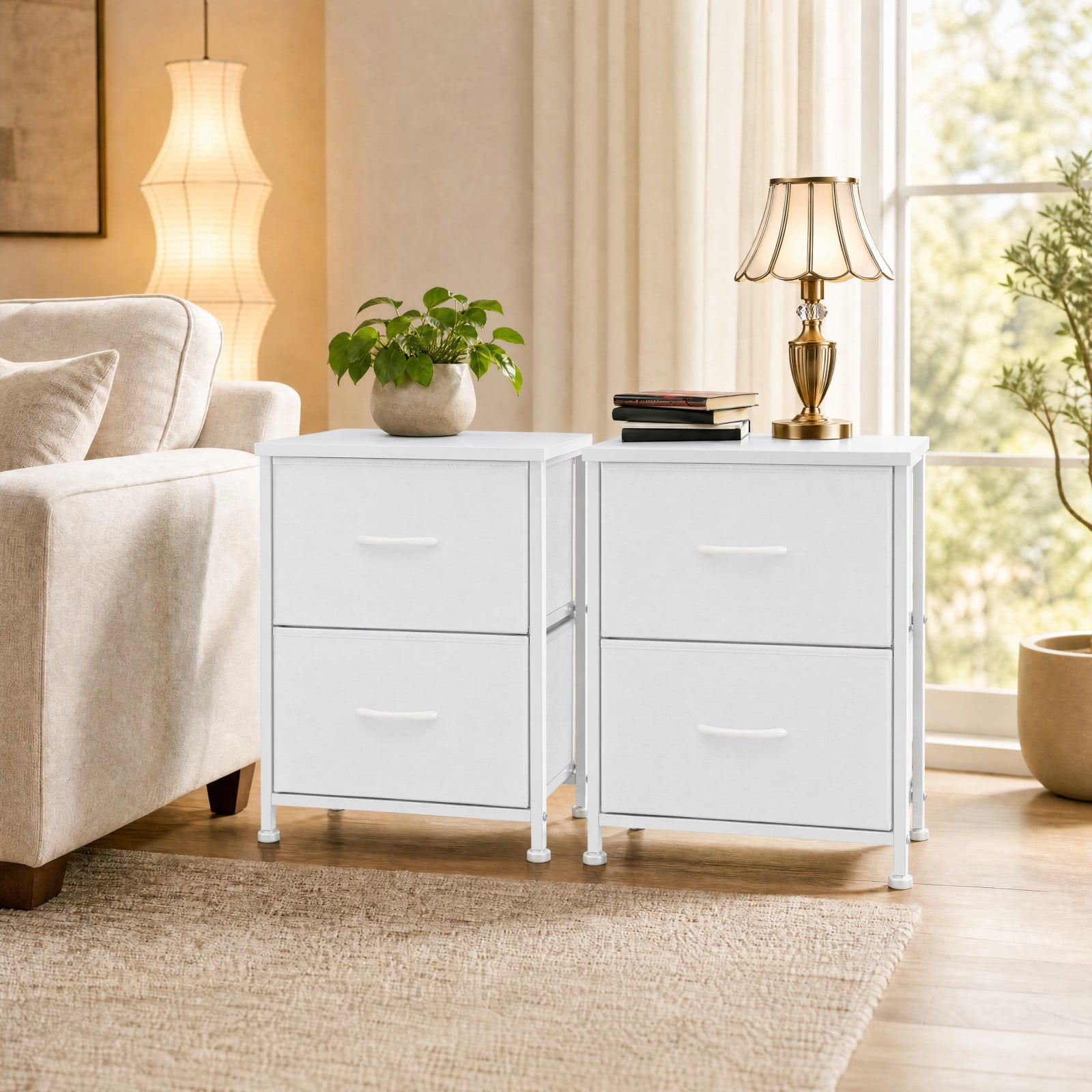 Telyra Nightstands Set of 2 20" Fabric Bedside Tables with 2-Drawer Wood Tops and Steel Frames Small Storage Organizers, White