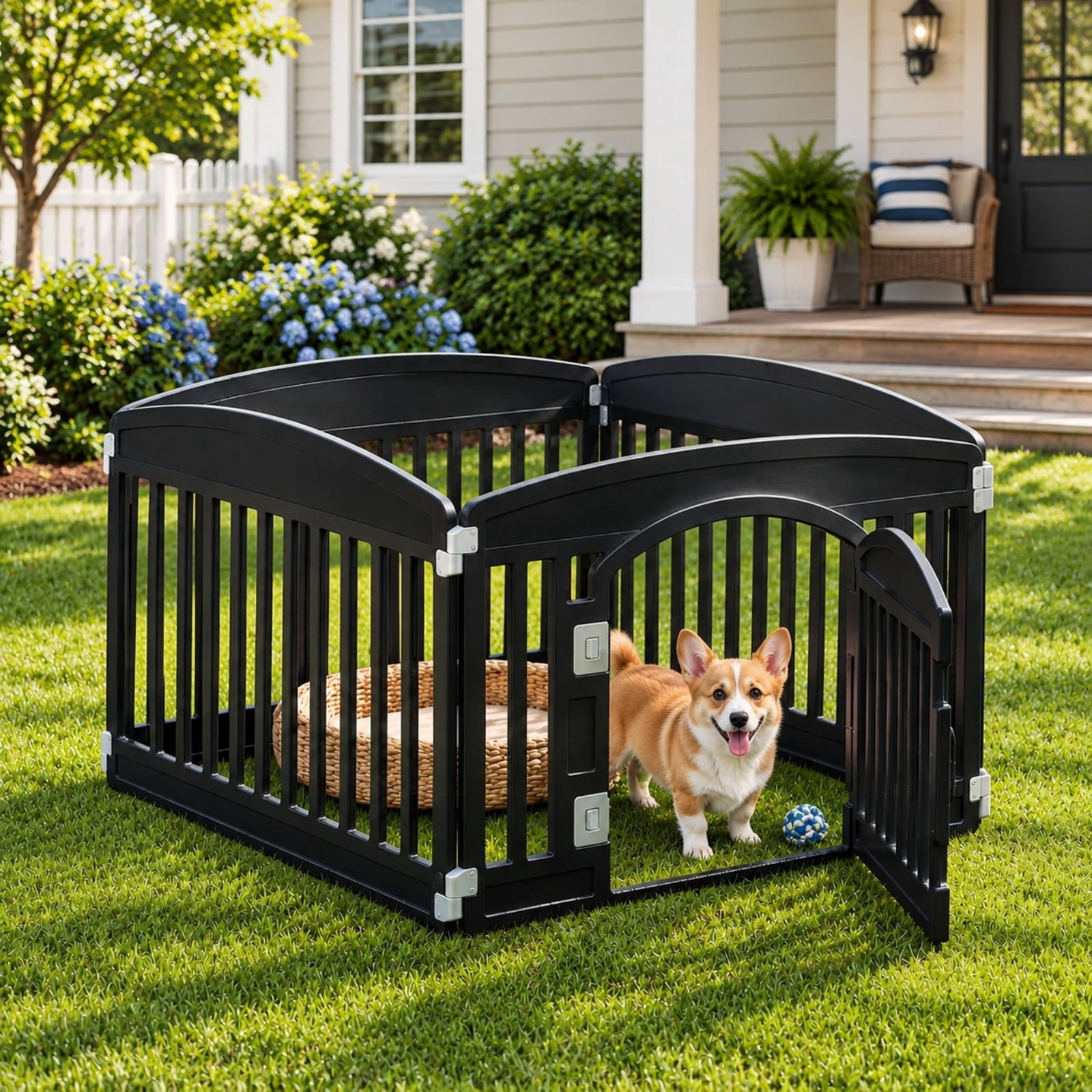 Telyra Pet Playpen Indoor & Outdoor 4 Panels Dog Fence with Safety Lock, Black