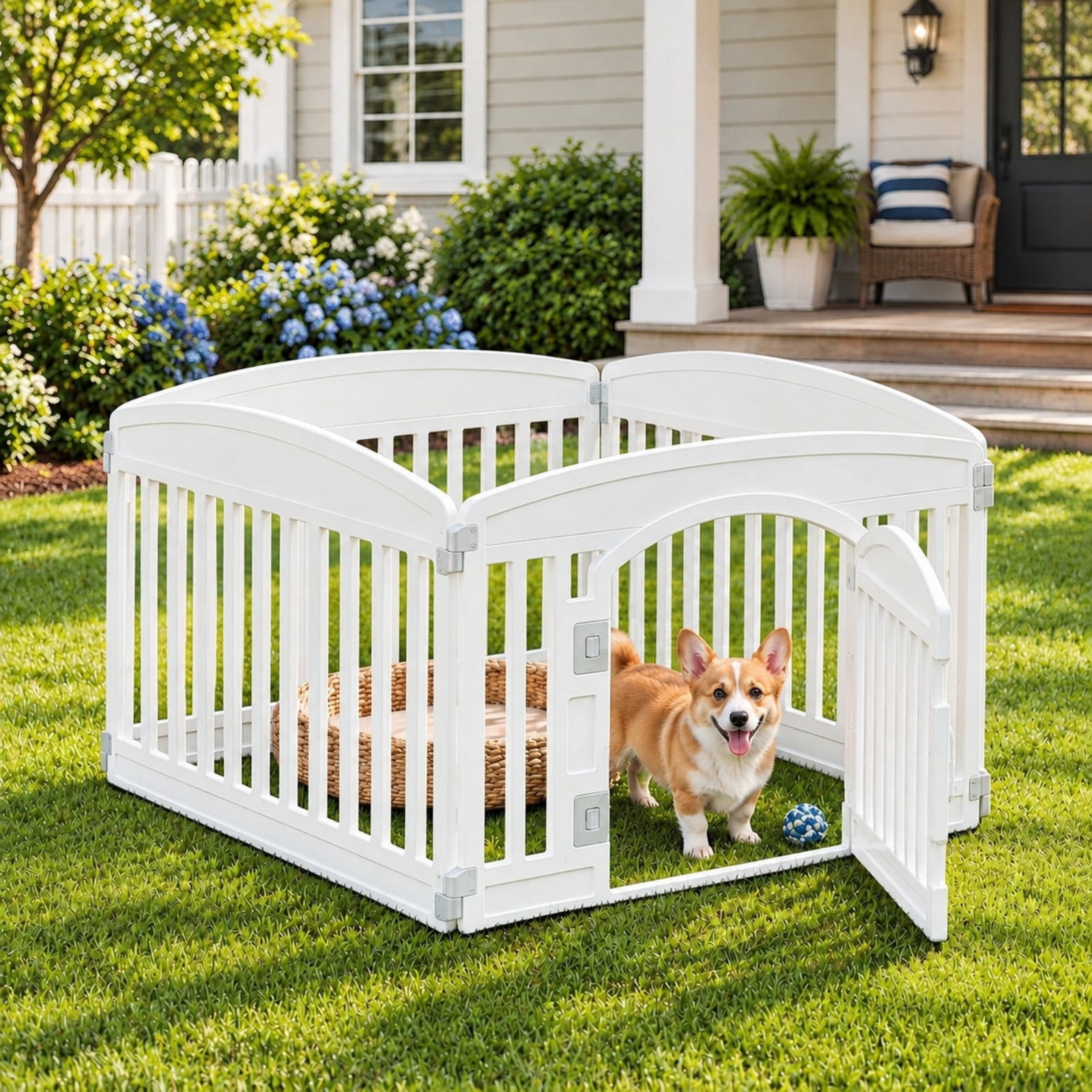 Telyra Pet Playpen Indoor & Outdoor 4 Panels Dog Fence with Safety Lock, White
