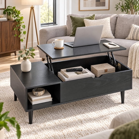 Telyra Wood Lift Top Coffee Table with 6.3 Inch Raised Top Hidden Storage and Two Open Side Shelves, Black Wood Grain