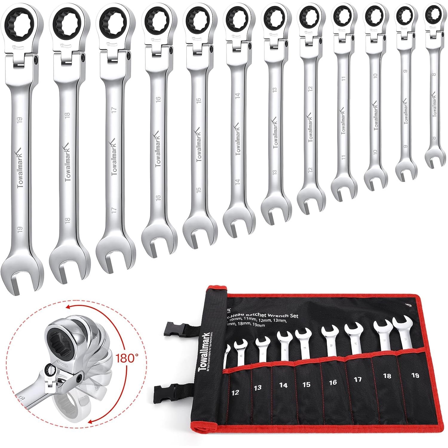 Telyswee 12-Piece Flex-Head Wrench Set, Ratcheting Combination Set, Metric 8-19mm, 72-Teeth, Cr-V Steel Ratchet Wrenches Set with Storage Bag for Home Car Bike