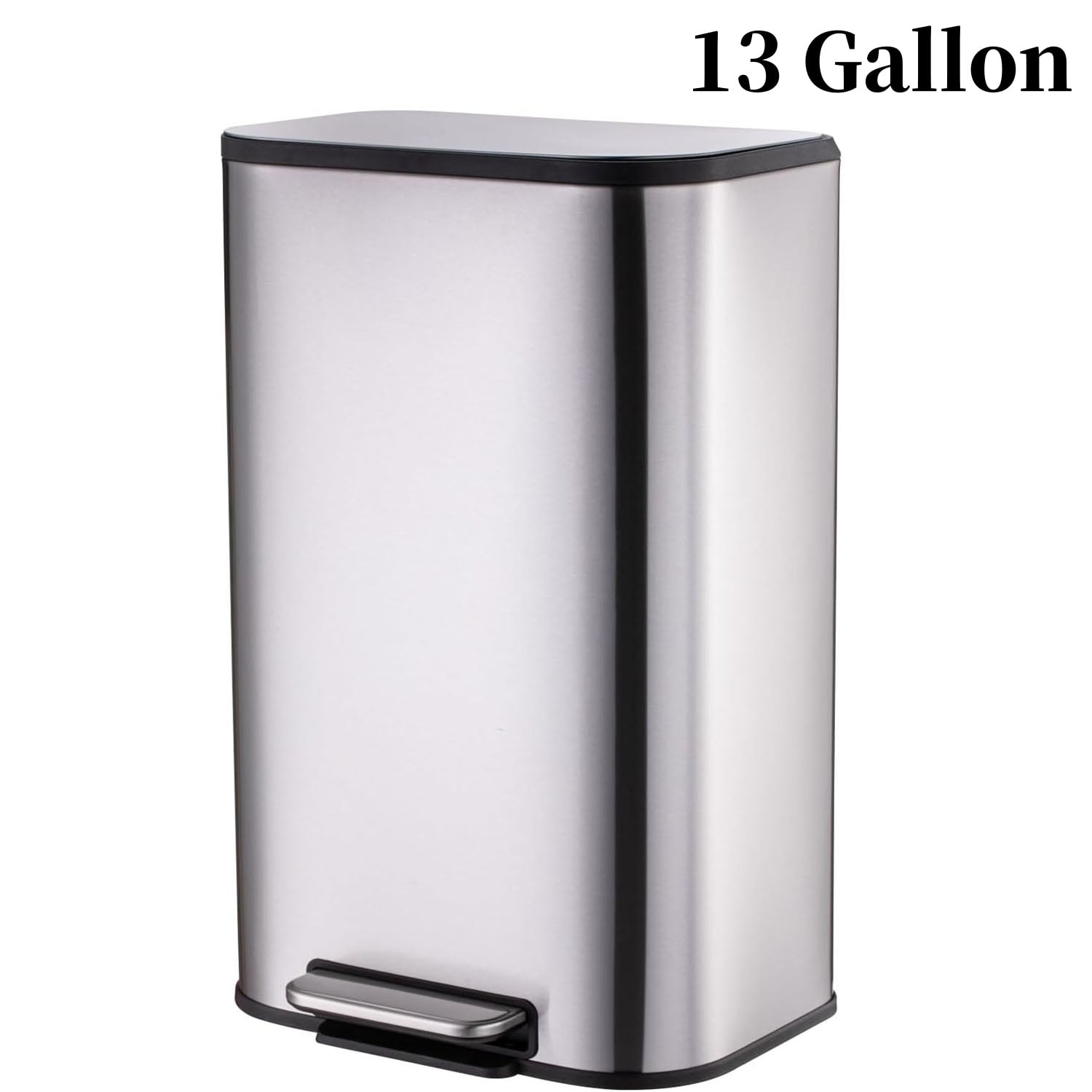 Telyswee 13 Gallon Trash Can, Stainless Steel Garbage Can, Small Rectangular Trash Can with Soft Close Lid Foot Pedal & Inner Bucket for Kitchen Home Office Bedroom Living Room (50 Liter), Silver