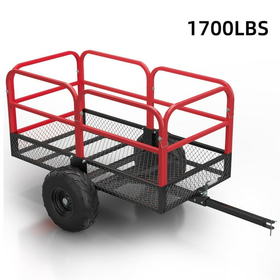 Telyswee 1700lbs Capacity Steel Tow Behind Lawn and Garden ATV Trailer Dump Cart, Black+Red