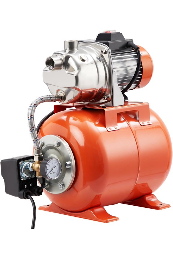 1HP Shallow Well Pump with Pressure Tank, Stainless Steel, 115V Irrigation Pump, Automatic Water Booster Jet Pump for Home, Garden, Lawn