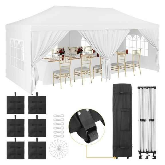 Telyswee 20'x10' Pop up Canopy with 6 Removable Sidewalls, Outdoor Canopy Tents for Party Wedding, Instant Sun Protection Shelter with Roller Bag, PE Windows, White