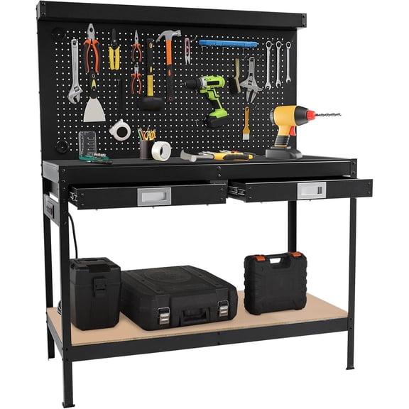 Telyswee 48" Workbench, 2 Tier Garage Workbench with Power Outlet, 2 Drawers, Pegboard, Under Shelf, Professional Industrial Heavy Duty Work Table for Workshop
