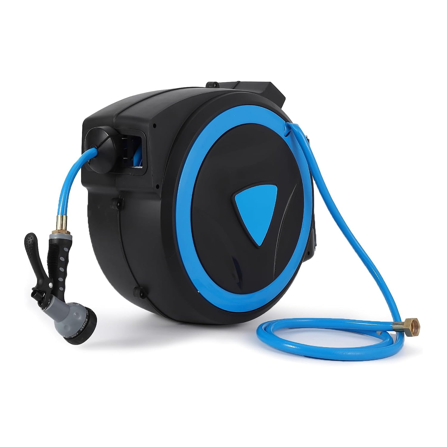 Telyswee 5/8 inch Retractable Garden Hose Reel - Effortless Free Lock, Auto Rewind System, 9-Pattern Spray Nozzle