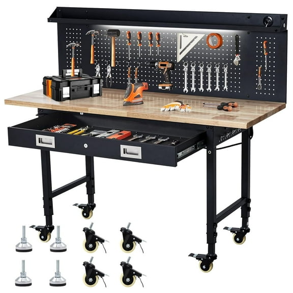 Telyswee 60" Workbench with Rubber Wood Top and Pegboard, Adjustable Rolling Worktable with Drawer Storage, Power Outlet & Lockable Wheels, 2000 lbs Capacity Hardwood Workbench for Garage, Workshop