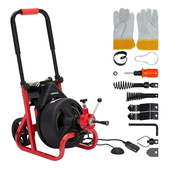 Telyswee 75FT x 1/2 Inch Drain Cleaner Machine, Auto-feed Electric Drain Auger Professional for 2-4 Inch Pipes, with 6 Cutters, Glove, Drain Auger Cleaner Sewer Snake - DA01