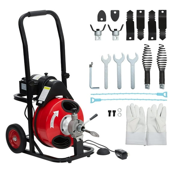 Telyswee Drain Cleaner Machine 75ft x 3/8inch Auto-feed Electric Drain Auger for 1inch to 4inch Pipes, w/ 8 Cutters & Air-activated Foot Switch, 200W 1700RPM Drain Sewer Snake Drain Auger Cleaner