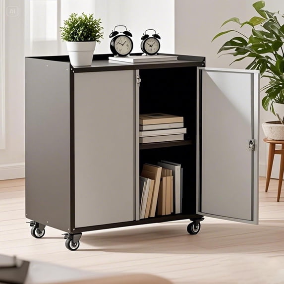 Telyswee Garage Storage Cabinet with Wheels - Locking Steel Rolling Tools Chest with Handle, Metal Storage Cabinet with Shelf, Grey