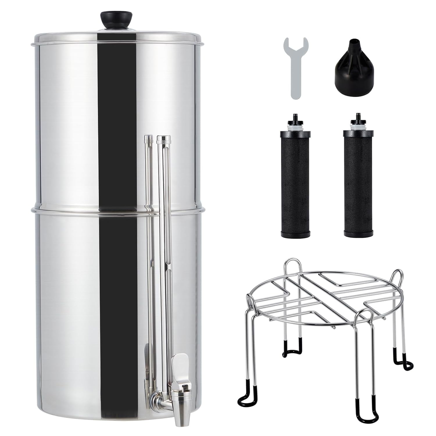 Telyswee Gravity-fed Water Filter System, 2.25Gallon Stainless-Steel Countertop Water Filter System with 2 Black Carbon Filters, Metal Water Level Spigot and Stand