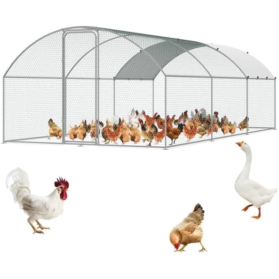 Telyswee Large Metal Walk-in Chicken Coop with Hen Run for Yard Farm, 9.8' x 19.7' x 6.6' Silver