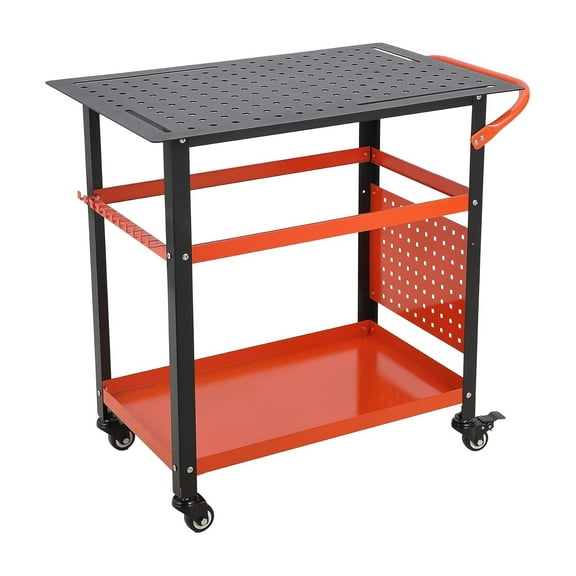 Telyswee Mobile Welding Workbench, 36" x 24" Welding Table Top with Double-Layer Storage Board, 11 Hooks, 600 lbs