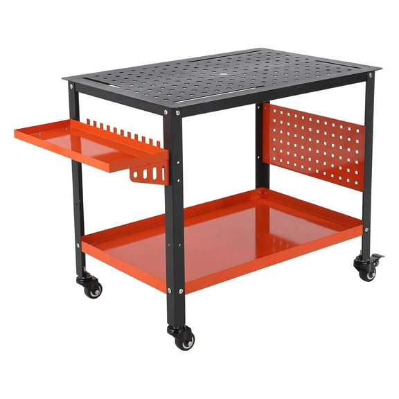 Telyswee Mobile Welding Workbench with Tool Tray, 36" x 24" Welding Table Top, Double-Layer Storage Board, 11 Hooks, 600 lbs