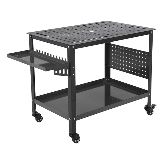 Telyswee Mobile Welding Workbench with Tool Tray, 36" x 24" Welding Table Top, Double-Layer Storage Board, 11 Hooks, 600 lbs