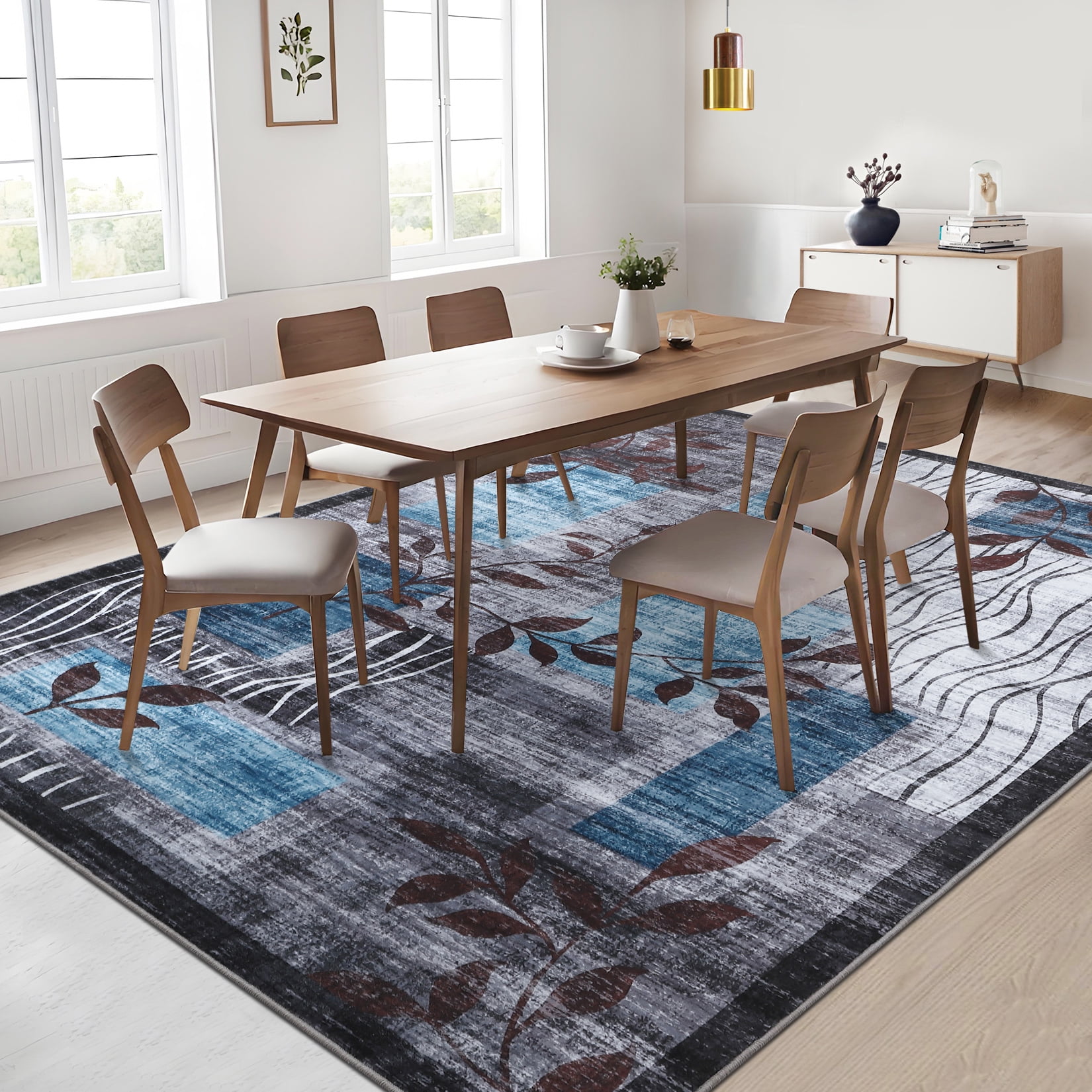 HOMERRY Floral Print Non Slip Area Rug 10' x 13' for Living Room Washable Indoor Carpet, Blue/Gray