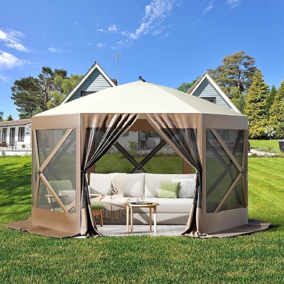 Telyswee Pop Up Tent Gazebo 10'x10'/12'x12' Portable Outdoor Camping Pop Up Canopy Screen Tent with Mosquito Netting Gazebo, Waterproof 6 Sidewalls, Ground Stakes, Carry Bag
