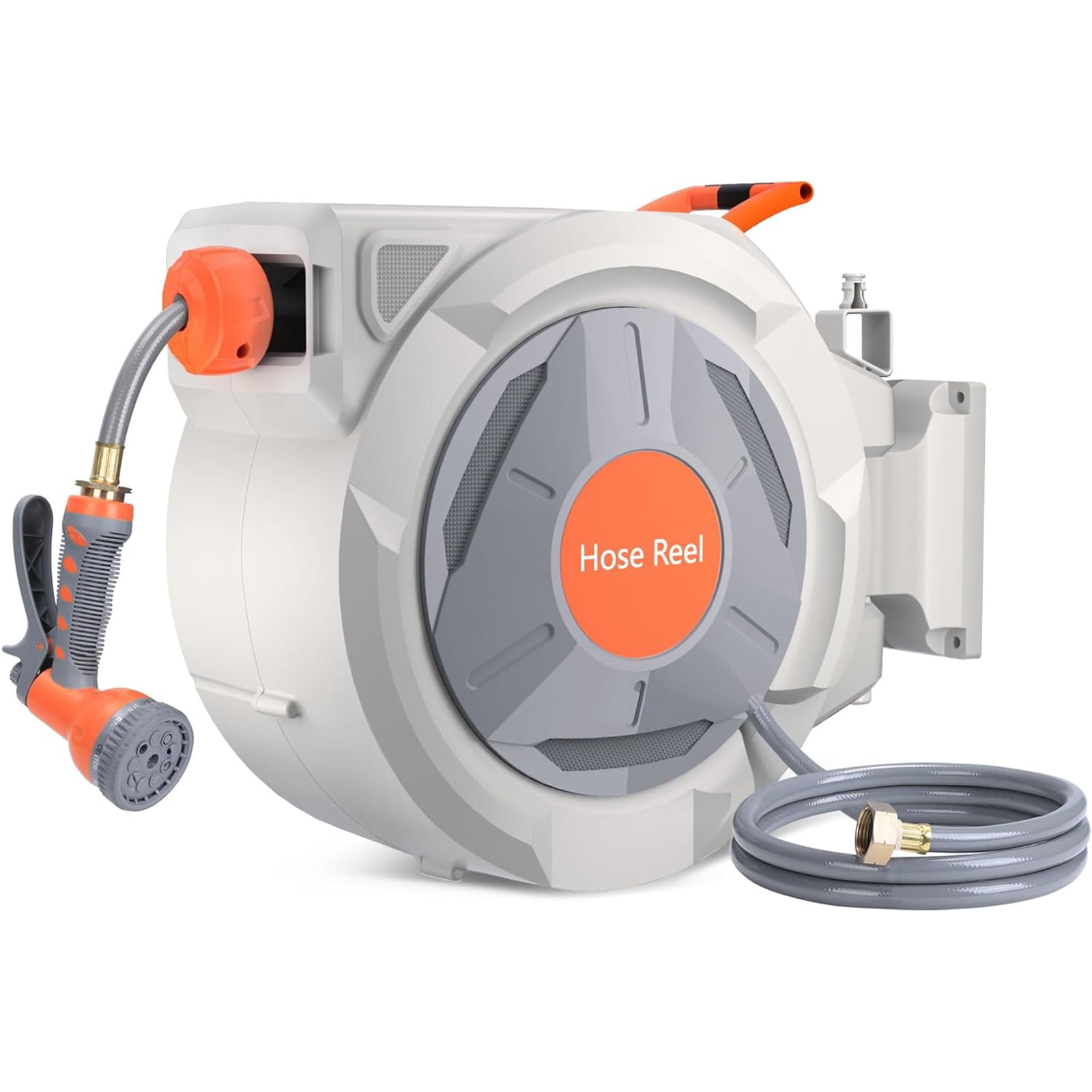 Telyswee Retractable Hose Reel 100 ft x 5/8 inch, 180° Swivel Bracket Wall-Mounted, Garden Water Hose Reel with 9-Pattern Nozzle, Automatic Rewind, Lock at Any Length, and Slow Return System