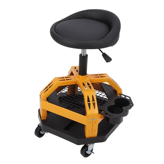 Telyswee Rolling Garage Stool with Wheels, Garage Work Mechanic Stool with Backrest, Double Mesh Frame, Mechanic Chair, Adjustable Height, 360° Swivel, Tool Tray Storage, 300 LBS Capacity