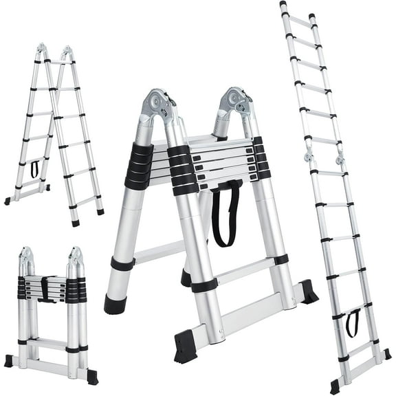 Telyswee Telescoping Ladder Extension Ladders for Home 18.5FT Aluminum Telescoping A-Frame Ladder with Ladder Stabilizer, Collapsible Ladders As Straight Ladder + Herringbone Ladder, 330lbs Capacity