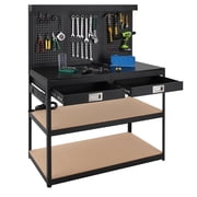 Telyswee Workbench Steel Work Bench for Garage, Heavy Duty Table with Pegboard, 2 Drawers, 1000lbs Capacity, Metal Tool Work Bench, 0.48" Bench Top Thickness Hardwood, 4xAC Power Outlets