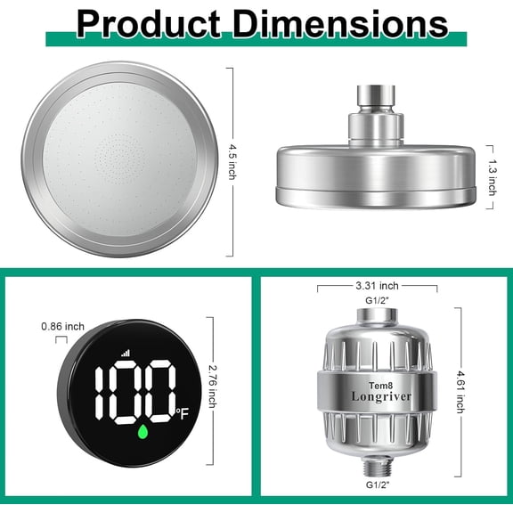 Tem8 Luxury Filtered Shower Head Set with Wireless Temperature Display, Dual Filtration for Hard Water, High Pressure Chrome Finish