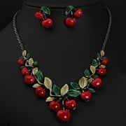 Temacd 1 Set Vintage Red Cherry Fruit Jewelry Set Chic Bridal Necklace Earrings