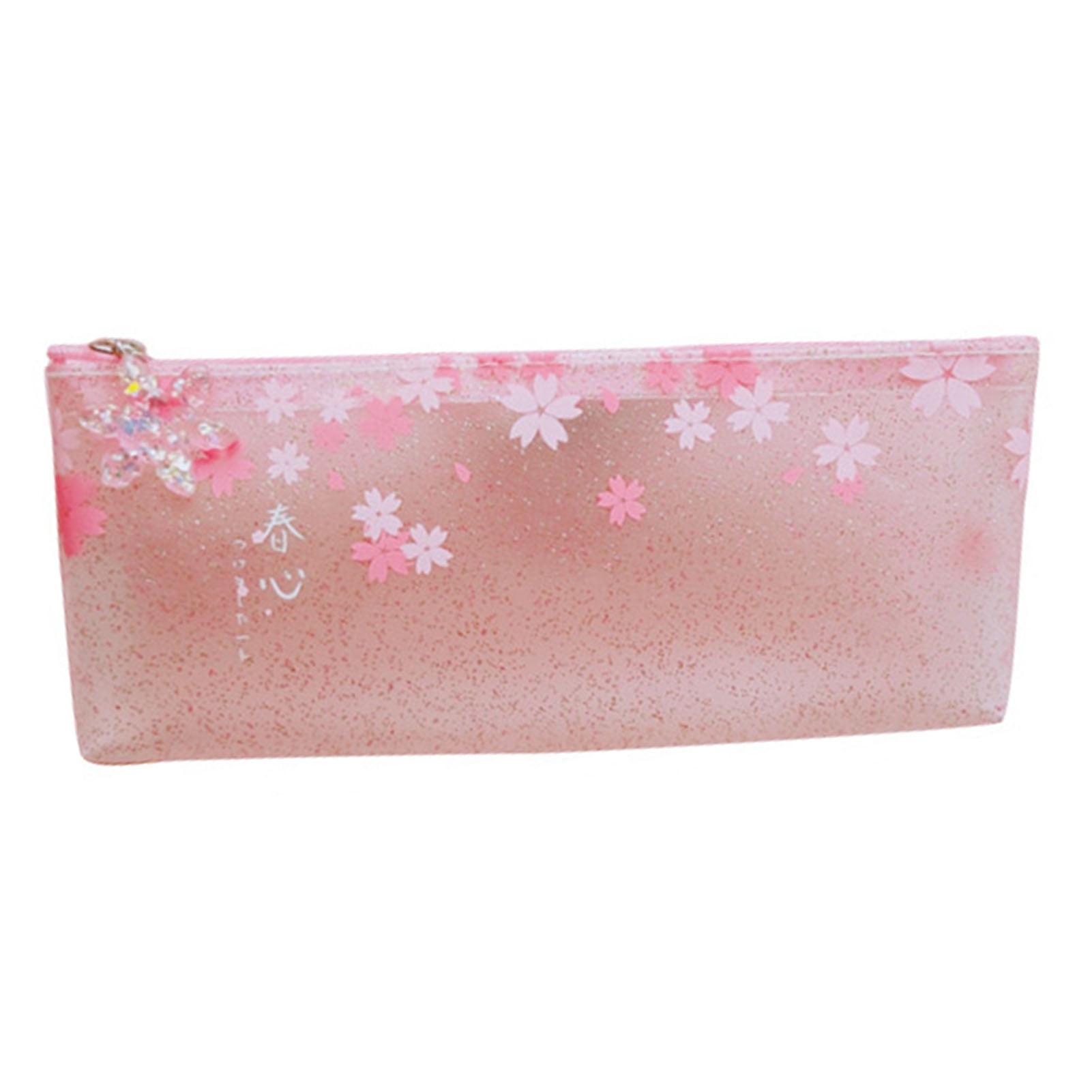Sakura Cute Glitter Clear Pink Pencil Case with Snowflake