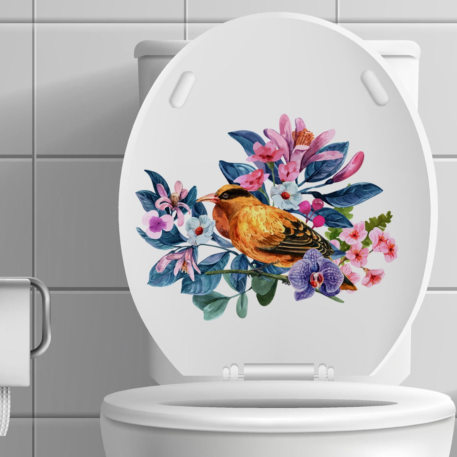 Temacd Toilet Sticker Selfadhesive Waterproof DIY PVC Birds And Flowers Toilet Seat Stickers