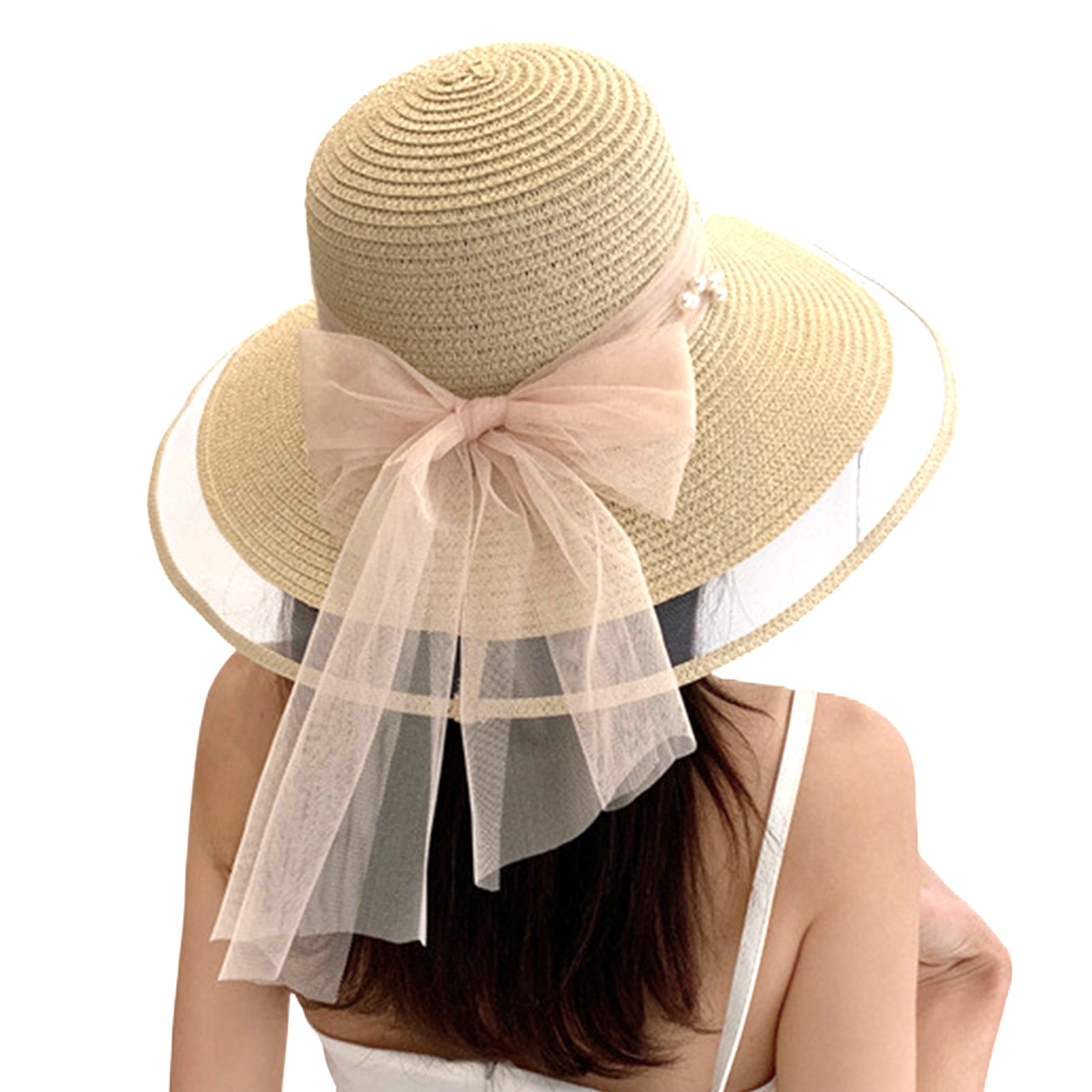 Temacd Women Beach Hat Breathable Contrast Color Mesh Imitation Pearl ...