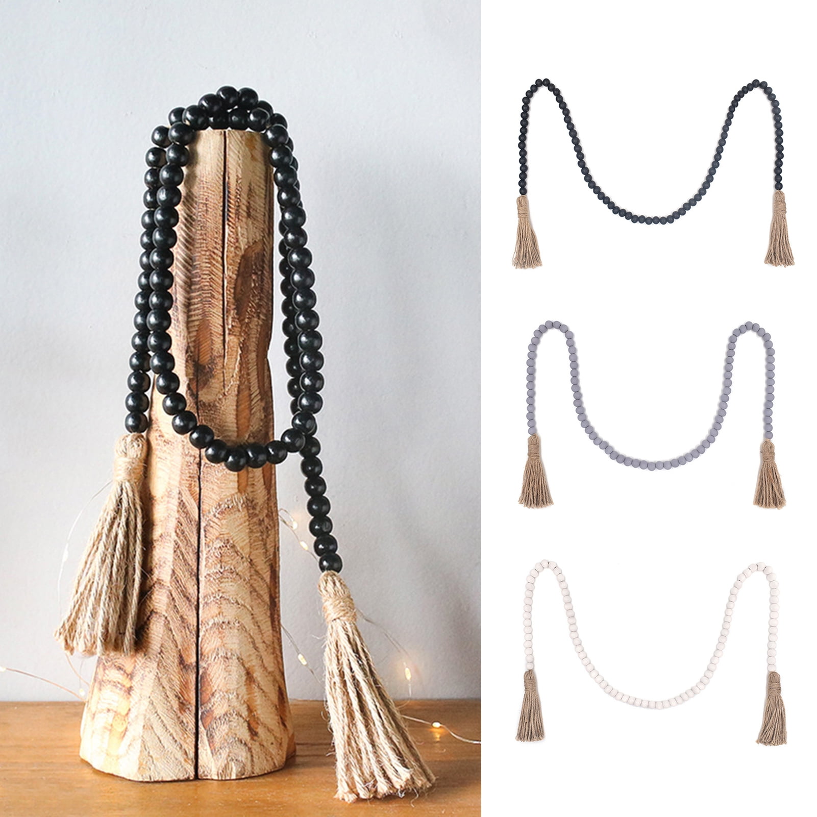 Temacd Wood Round Bead Garland with Hemp Rope Tassel Elegant Handmade ...