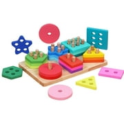 Temacd Wooden Colorful Geometric Puzzles Stacking Matching Shape Education Kids Toy,Multicolor