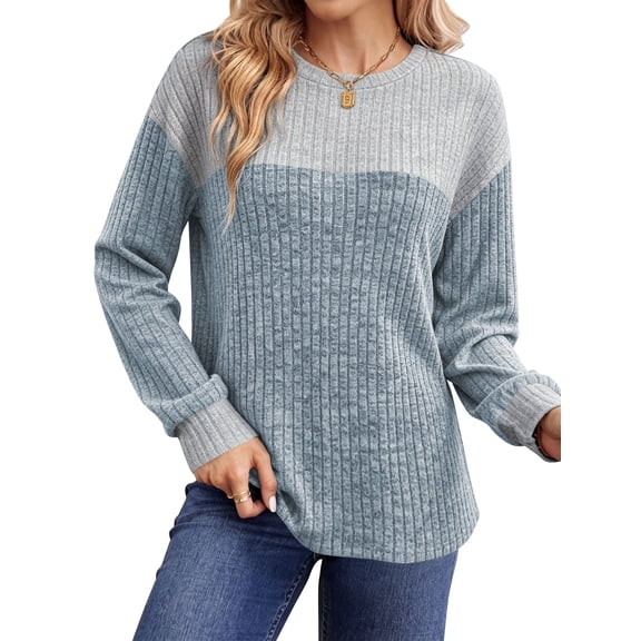 Temofon Long Sleeve Shirts for Womens Clothes for Fall Lightweight Sweaters Winter Color Block Ladies Tops Casual Crew Neck Blue L