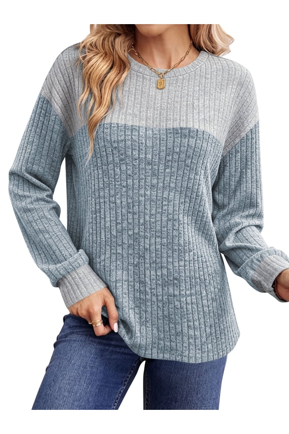 Long Sleeve Shirts for Womens Clothes for Fall Lightweight Sweaters Winter Color Block Ladies Tops Casual Crew Neck Blue XL