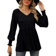 Temofon Womens Long Sleeve Tunic Tops 2024 Casual Puff V-Neck Pleated Flare Blouse T-Shirts with Smocked Cuffs fall clothes BLACK