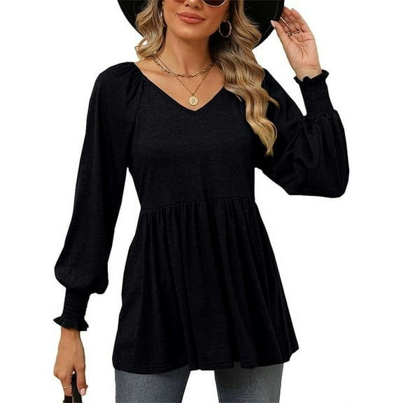 Temofon Womens Long Sleeve Tunic Tops 2024 Casual Puff V-Neck Pleated Flare Blouse T-Shirts with Smocked Cuffs fall clothes BLACK