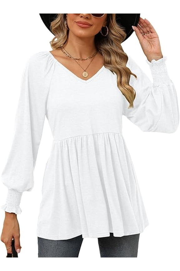 Womens Tunic Tops Long Sleeve 2024 Casual Puff V-Neck Pleated Flare Blouse T-Shirts with Smocked Cuffs fall clothes WHITE