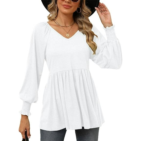 Temofon Womens Tunic Tops Long Sleeve 2024 Casual Puff V-Neck Pleated Flare Blouse T-Shirts with Smocked Cuffs fall clothes WHITE