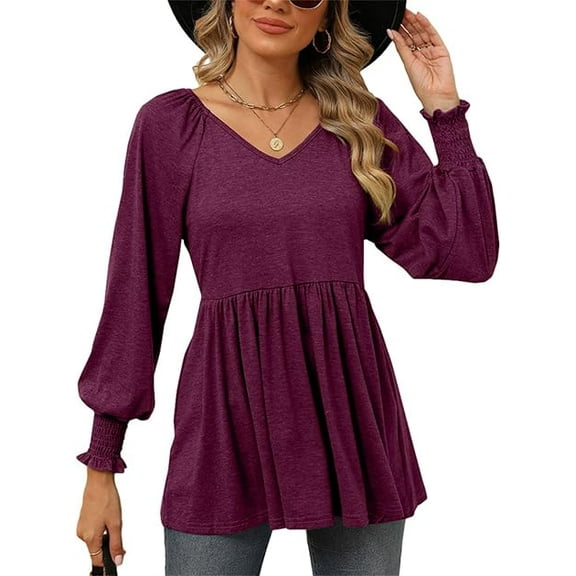 Temofon Womens Tops Long Sleeve Tunic V-Neck shirt 2024 Casual Puff Pleated Flare Blouse T-Shirts with Smocked Cuffs fall clothes winered